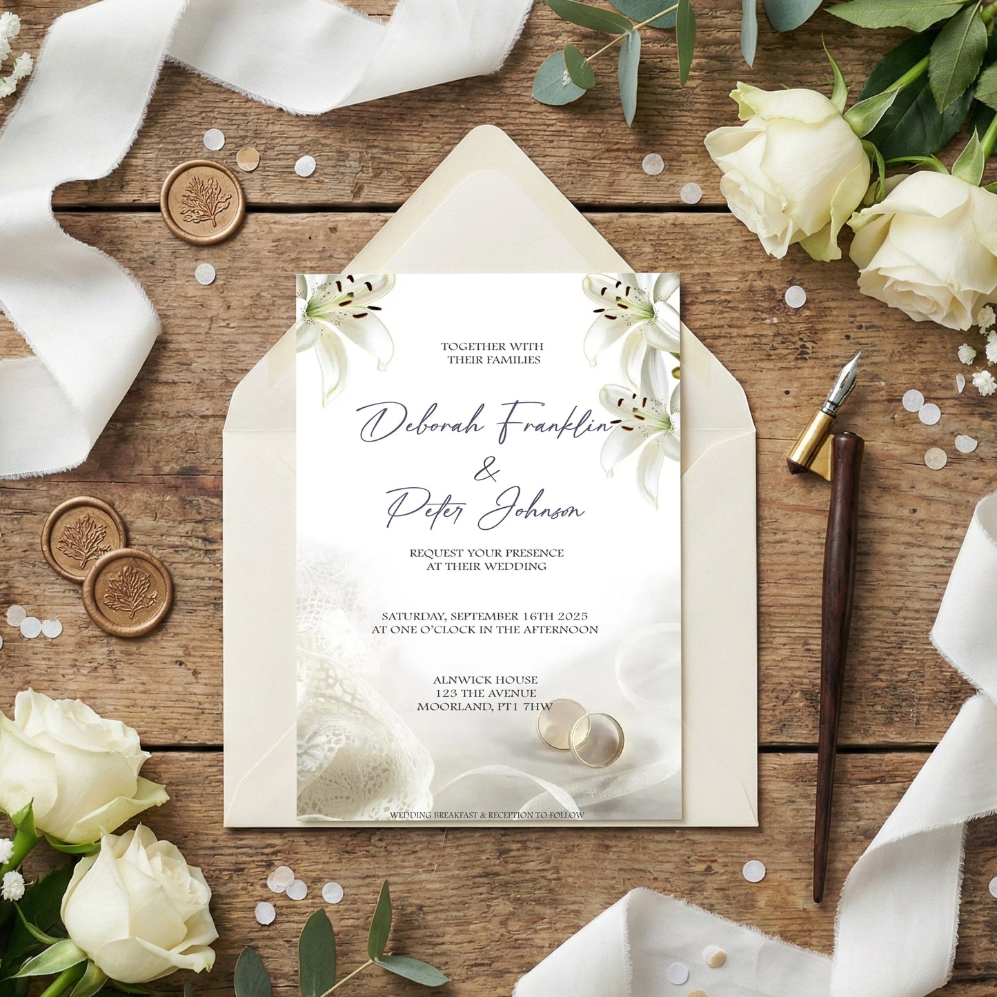 Lillies and Rings Wedding Invitation