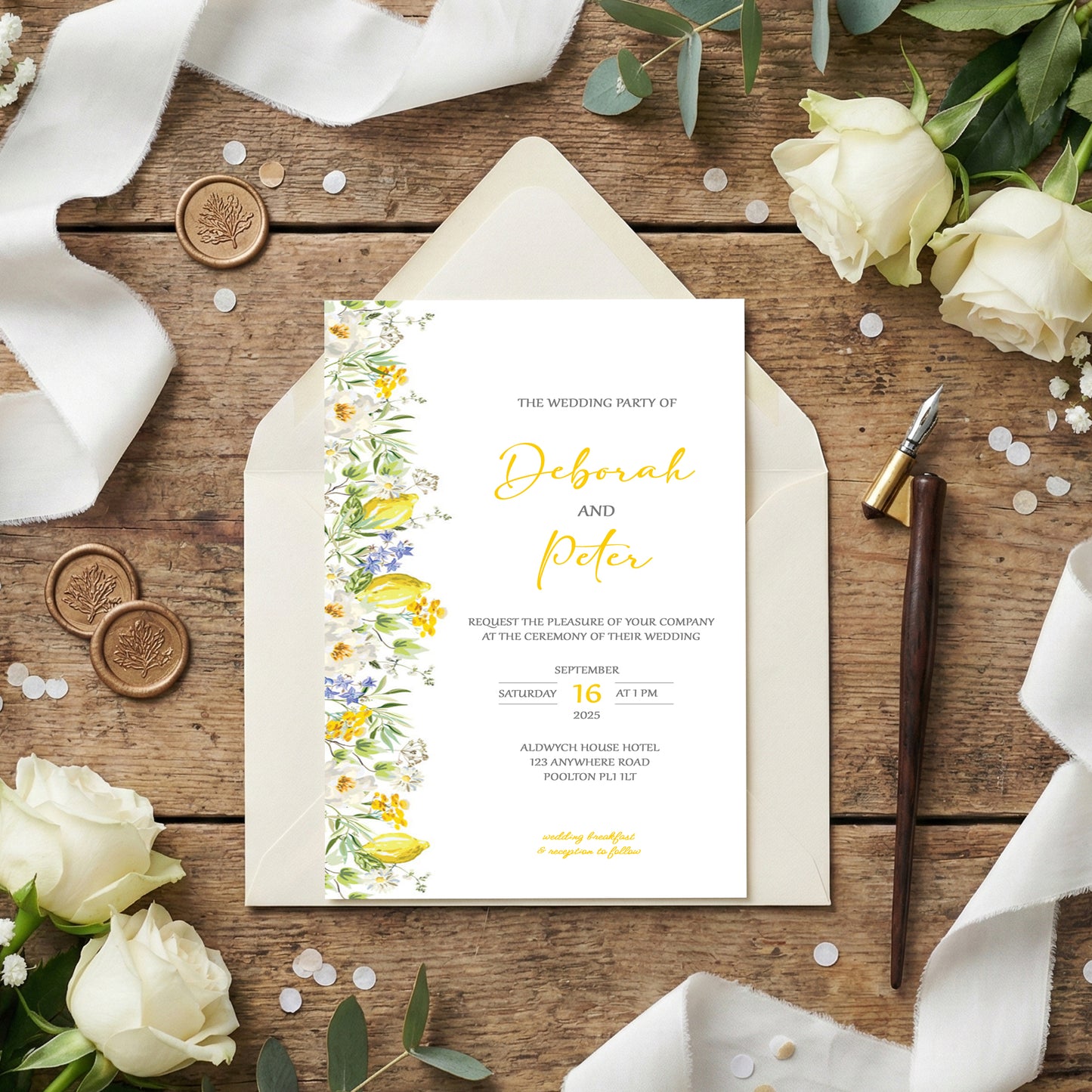 Floral Rose Side Design Wedding Invitation
