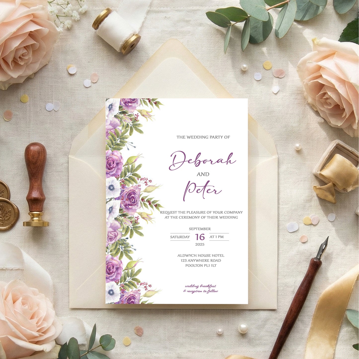 Floral Rose Side Design Wedding Invitation